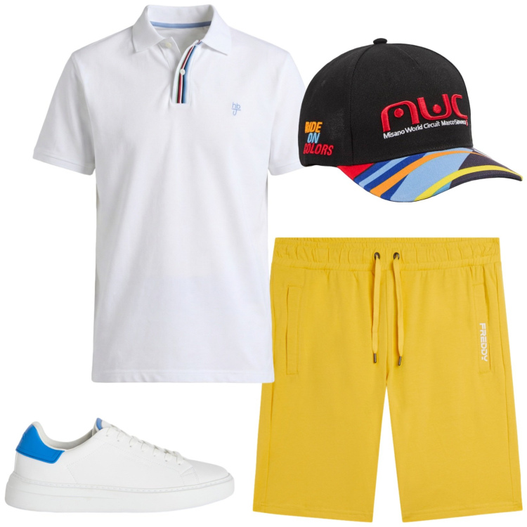 Outfit uomo - Total look #2472213. Stile Casual per Tutti i giorni. Abbinamento con polo, sneakers, pantaloni corti, cappelli con visiera.