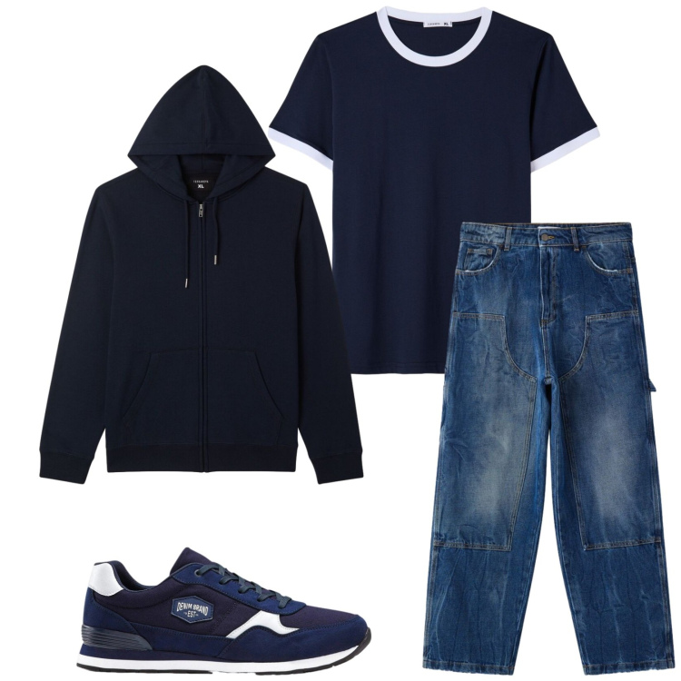 Outfit uomo - Total look #2472215. Stile Casual per Tutti i giorni. Abbinamento con sneakers, felpe con cappuccio, jeans dritti, t-shirt.