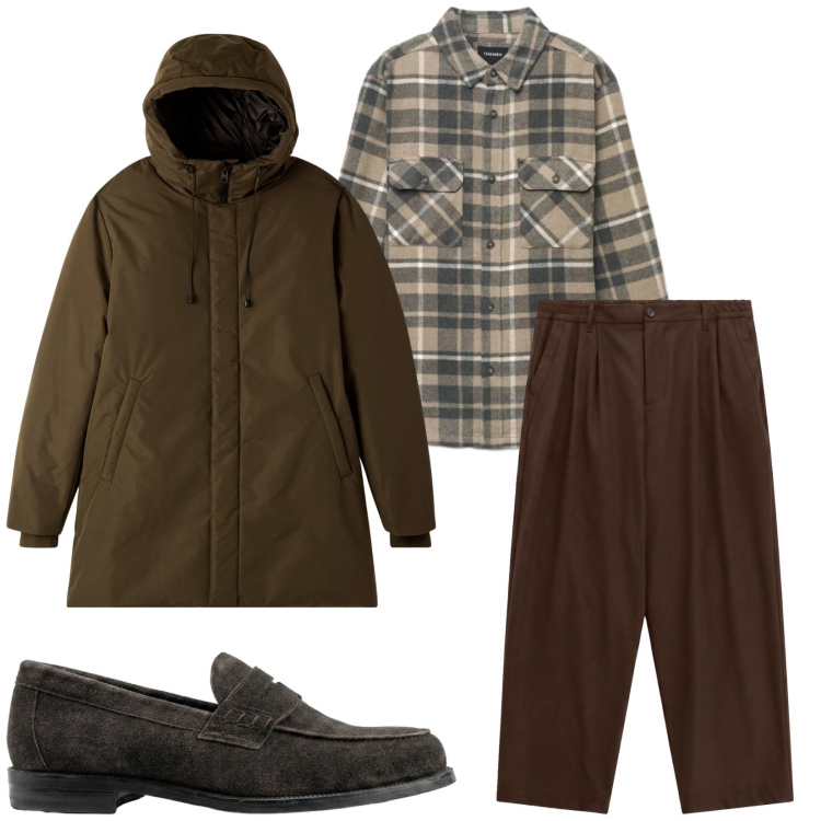 Outfit uomo - Total look #2472219. Stile Urban per Tutti i giorni. Abbinamento con pantaloni, scarpe stringate, parka, camicie.