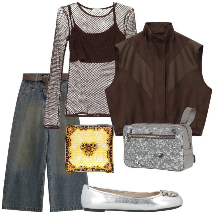 Outfit donna - Total look #2472295. Stile Trendy per Tutti i giorni. Abbinamento con marsupi, ballerine, sciarpe, jeans boyfriend, top, gilet.