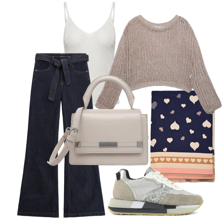 Outfit donna - Settembre. Stile Casual chic per Tutti i giorni. Abbinamento con maglieria, borse a tracolla, jeans a zampa, top, sciarpe, sneakers.