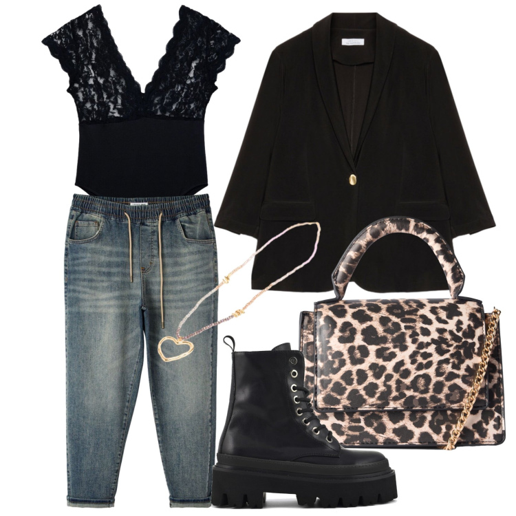 Outfit donna - Settembre. Stile Trendy per Tutti i giorni. Abbinamento con borse a tracolla, top, jeans, blazer, collane, anfibi.