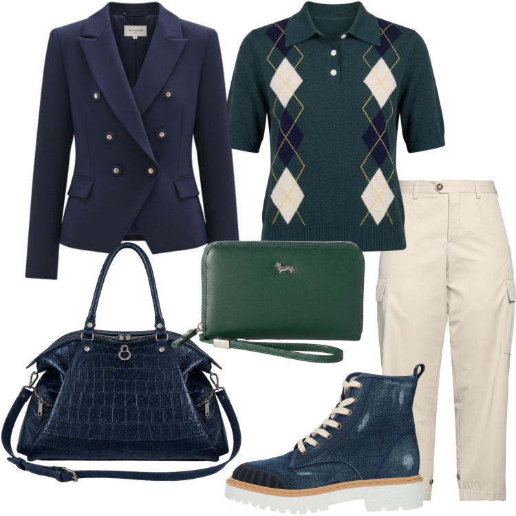 Outfit donna - In facoltà con stile. Stile Preppy per Scuola/Università. Abbinamento con stivaletti, pantaloni cargo, portafogli, maglieria, blazer, shopping bag.