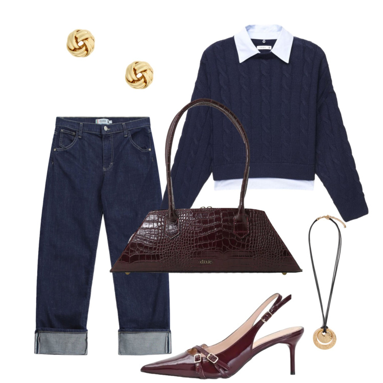 Outfit donna - Settembre. Stile Casual chic per Tutti i giorni. Abbinamento con borse a spalla, maglieria, décolleté, jeans dritti, ciondoli, orecchini.