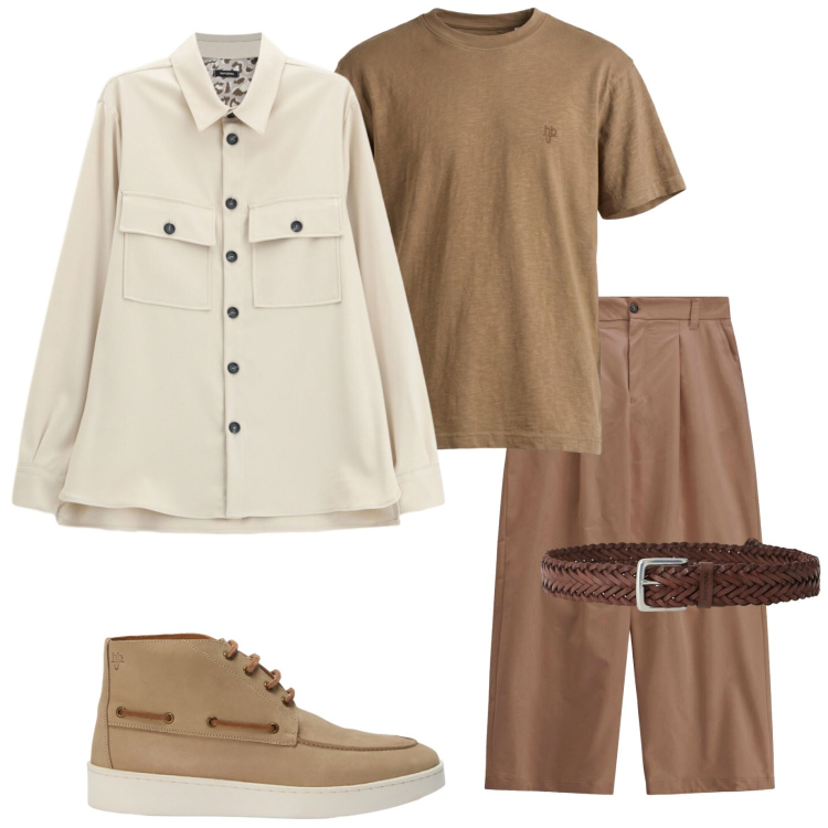 Outfit uomo - Toni neutri e terracotta. Stile Urban per Tutti i giorni. Abbinamento con t-shirt, stivali e stivaletti, pantaloni, cappotti, cinture.