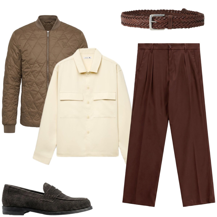 Outfit uomo - Antonio. Stile Casual per Tutti i giorni. Abbinamento con piumini, pantaloni, cinture, scarpe stringate, camicie.