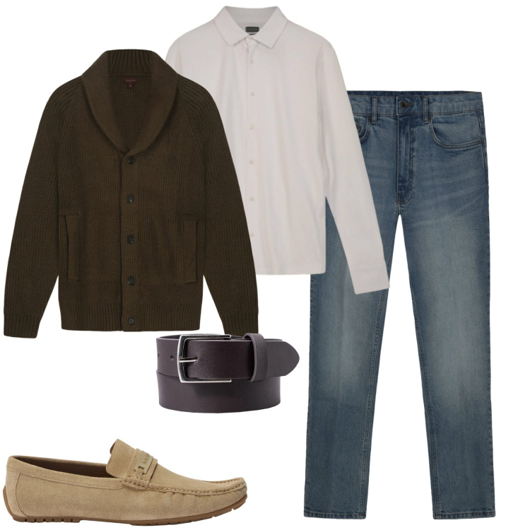 Outfit uomo - Fall. Stile Casual per Tutti i giorni. Abbinamento con scarpe stringate, cardigans, polo, cinture, jeans.