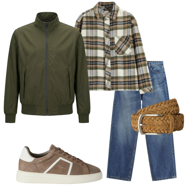 Outfit uomo - Weekend autunnale. Stile Casual per Tutti i giorni. Abbinamento con cinture, sneakers, jeans, camicie, giacche.