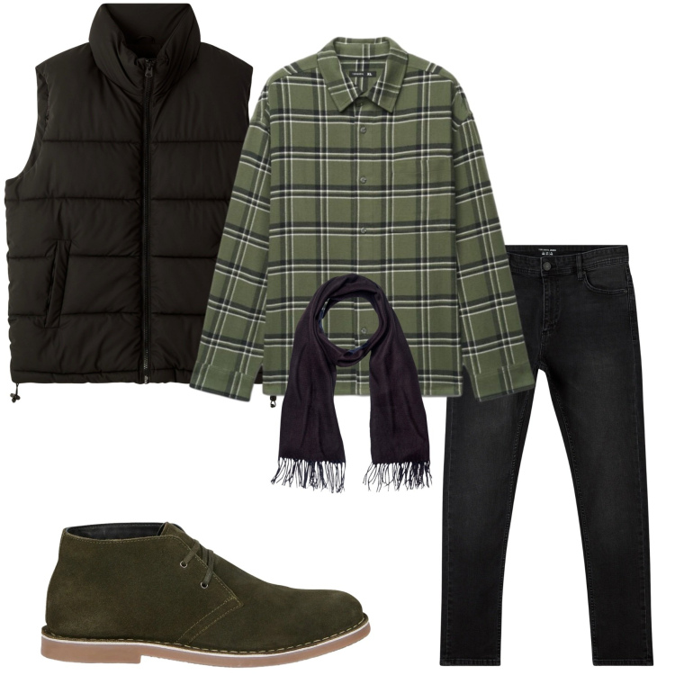 Outfit uomo - Weekend autunnale. Stile Casual per Tutti i giorni. Abbinamento con sciarpe, stivali e stivaletti, jeans skinny, piumini, camicie.