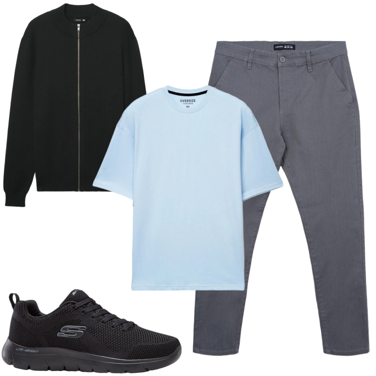 Outfit uomo - City. Stile Casual per Tutti i giorni. Abbinamento con sneakers, pantaloni chino, cardigans, t-shirt.