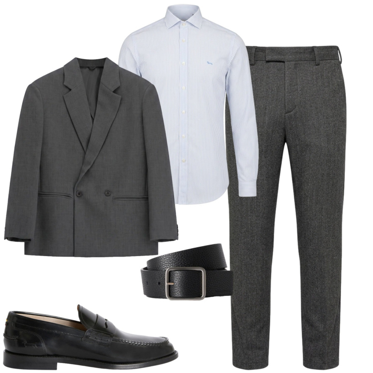 Outfit uomo - Elegante in grigio. Stile Business/Elegante per Tutti i giorni. Abbinamento con scarpe stringate, cinture, camicie, pantaloni, giacche.