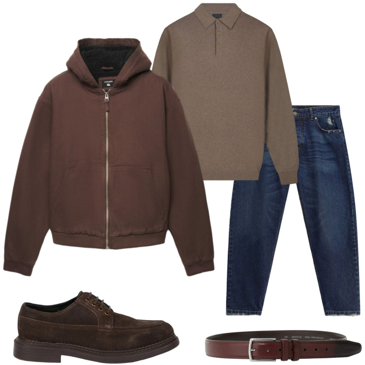 Outfit uomo - Layering urbano. Stile Urban per Tutti i giorni. Abbinamento con jeans, cinture, scarpe stringate, polo, giacche.