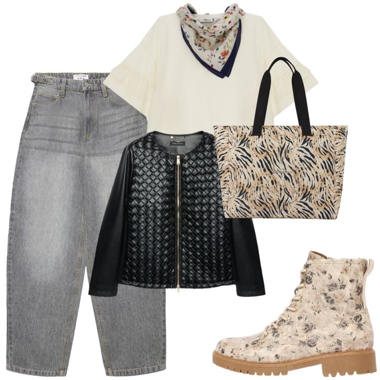 Outfit donna - Total look #2472407. Stile Trendy per Tutti i giorni. Abbinamento con anfibi, jeans, top, shopping bag, blazer.