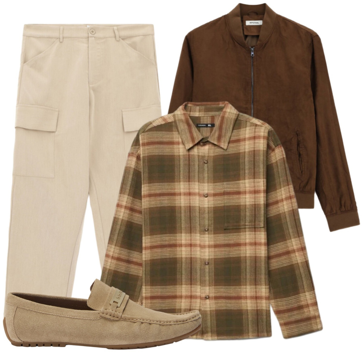 Outfit uomo - Toni neutri. Stile Casual per Tutti i giorni. Abbinamento con scarpe stringate, pantaloni cargo, bomber, camicie.