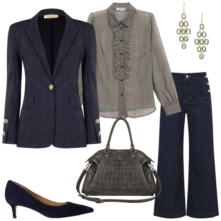 Outfit donna - Dark denim. Stile Casual chic per Serata fuori. Abbinamento con camicie, jeans, blazer, shopping bag, décolleté, orecchini.