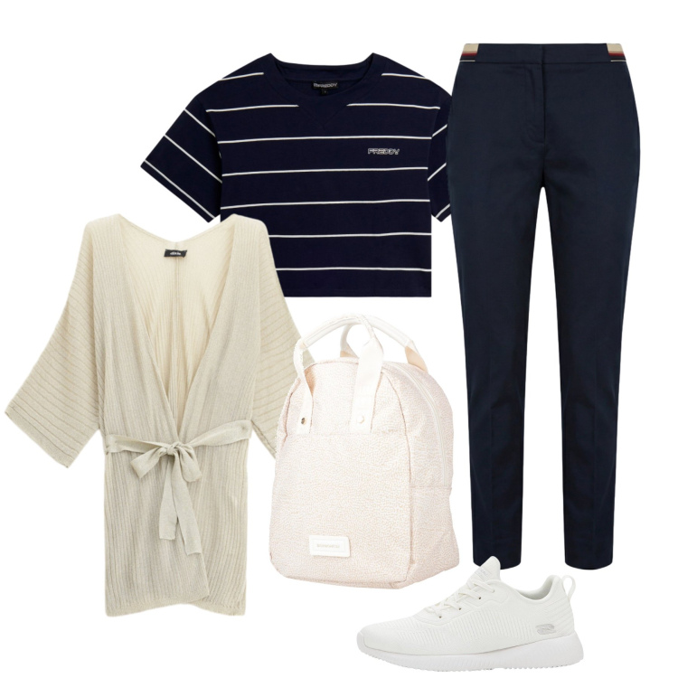 Outfit donna - Fine settimana in una città d’arte. Stile Casual chic per Tutti i giorni. Abbinamento con zaini, sneakers, pantaloni chino, cardigans, t-shirt.