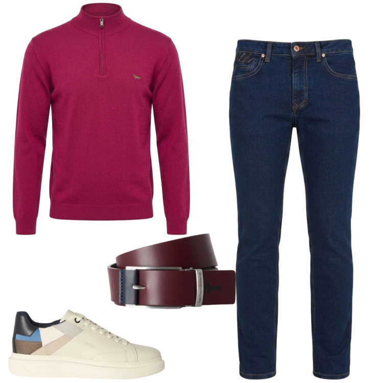 Outfit uomo - Settimana. Stile Casual per Tutti i giorni. Abbinamento con sneakers, jeans, cinture, maglieria.