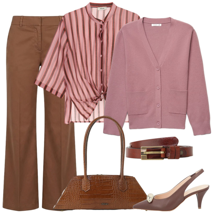 Outfit donna - Cioccolato e fragola. Stile Casual chic per Ufficio. Abbinamento con décolleté, pantaloni, camicie, borse a spalla, cinture, cardigans.