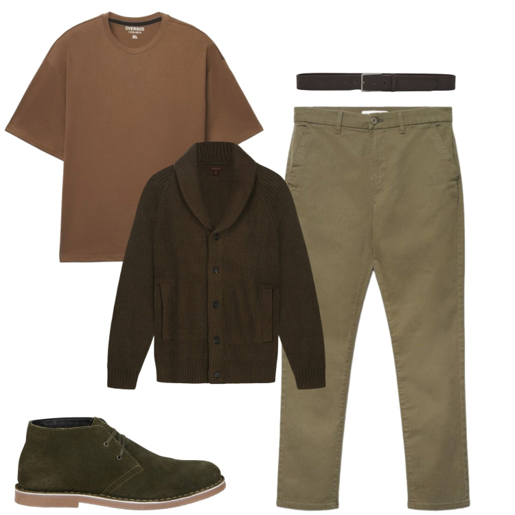 Outfit uomo - Colori terrosi. Stile Urban per Tutti i giorni. Abbinamento con cardigans, stivali e stivaletti, t-shirt, cinture, pantaloni chino.