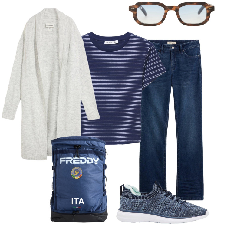 Outfit donna - Pronta per il mio weekend fuori porta. Stile Casual chic per Tutti i giorni. Abbinamento con sneakers, cardigans, jeans bootcut, occhiali da sole, t-shirt, zaini.