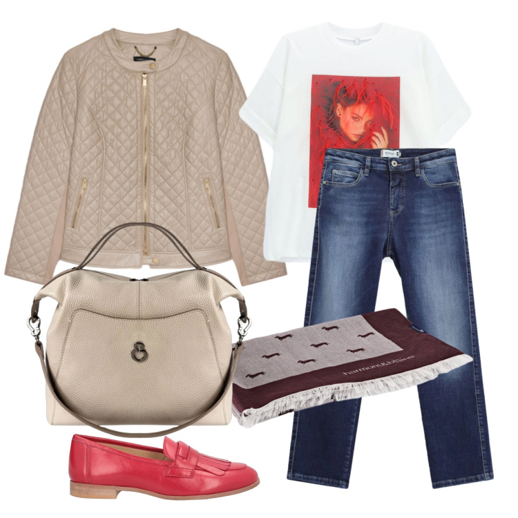 Outfit donna - Settembre. Stile Casual per Tutti i giorni. Abbinamento con mocassini, sciarpe, t-shirt, jeans dritti, giacche, borse a mano.