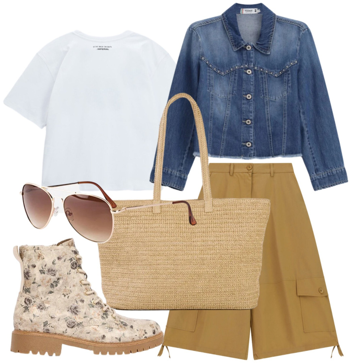 Outfit donna - Settembre. Stile Casual per Tutti i giorni. Abbinamento con shopping bag, occhiali da sole, anfibi, t-shirt, pantaloni a palazzo, blazer.