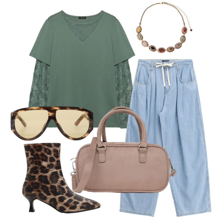Outfit donna - Settembre. Stile Casual chic per Tutti i giorni. Abbinamento con stivaletti, occhiali da sole, jeans, borse a tracolla, t-shirt, collane.