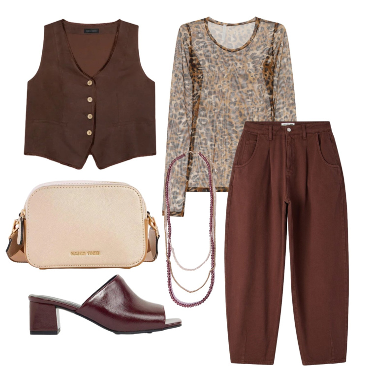 Outfit donna - Settembre. Stile Casual chic per Tutti i giorni. Abbinamento con borse a tracolla, ciabatte, t-shirt, pantaloni, gilet, collane.
