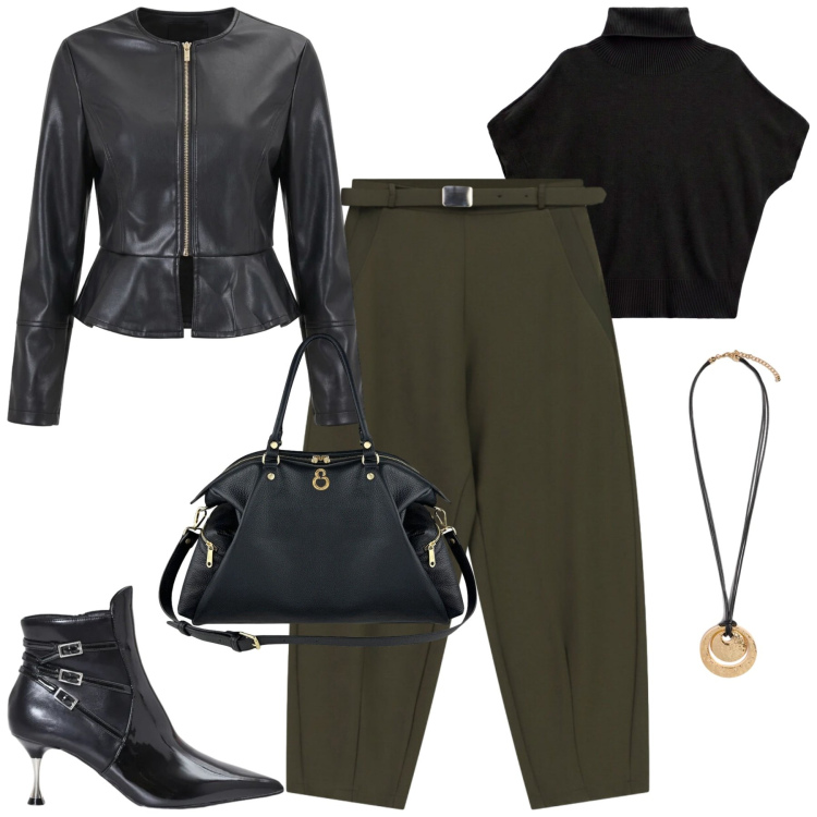 Outfit donna - Fall. Stile Casual chic per Tutti i giorni. Abbinamento con pullovers, pantaloni, stivaletti, giacche, ciondoli, shopping bag.
