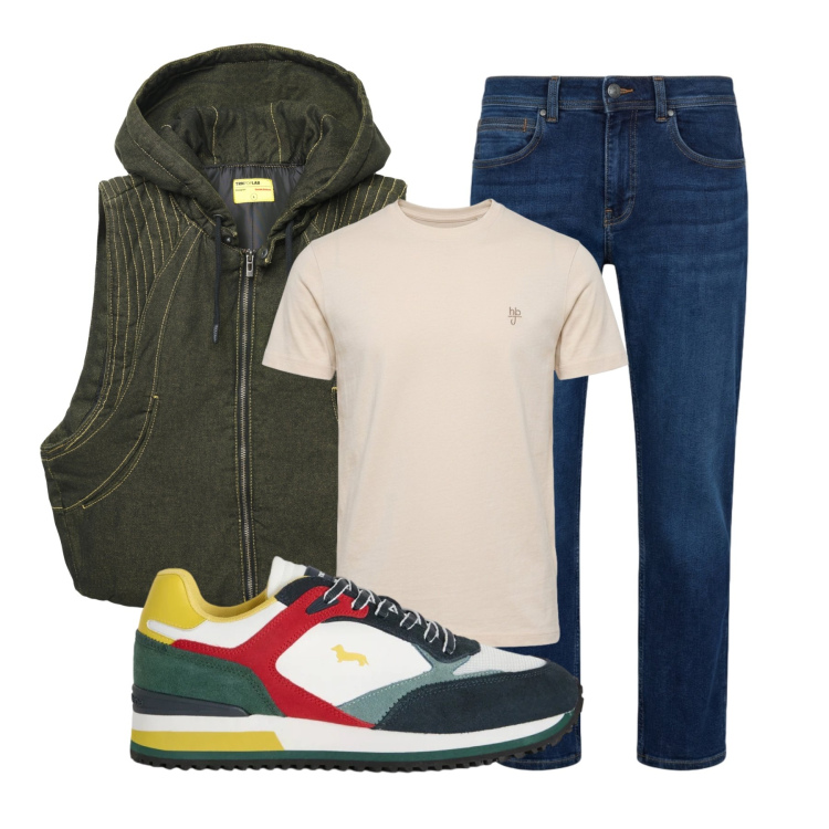 Outfit uomo - Weekend autunnale. Stile Trendy per Tutti i giorni. Abbinamento con t-shirt, sneakers, jeans dritti, gilet.