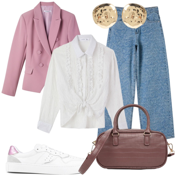 Outfit donna - Matilde. Stile Casual chic per Tutti i giorni. Abbinamento con orecchini, blazer, camicie, borse a tracolla, jeans, sneakers.