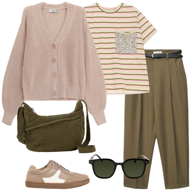 Outfit donna - Total look #2472448. Stile Casual per Tutti i giorni. Abbinamento con borse a tracolla, sneakers, t-shirt, pantaloni chino, cardigans, occhiali da sole.