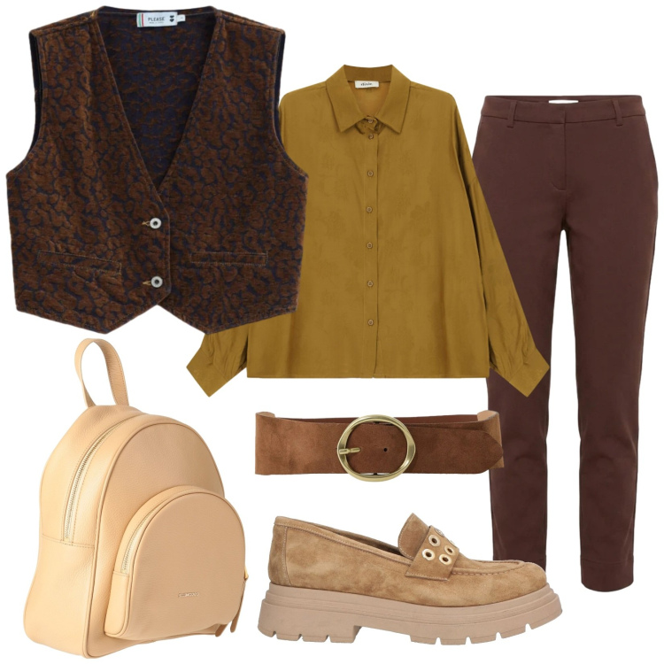Outfit donna - Total look #2472451. Stile Trendy per Tutti i giorni. Abbinamento con mocassini, zaini, pantaloni, cinture, camicie, gilet.