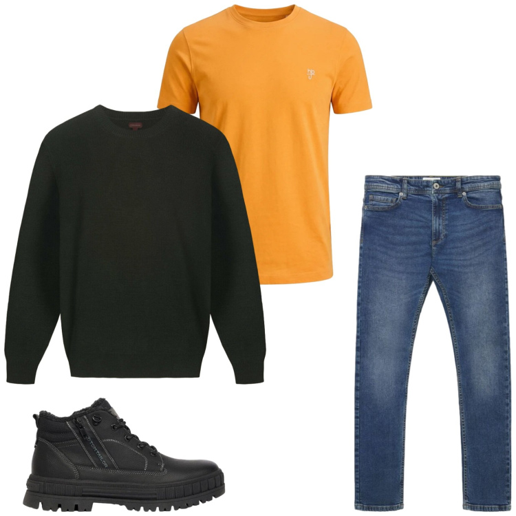 Outfit uomo - Total look #2472455. Stile Casual per Tutti i giorni. Abbinamento con t-shirt, maglieria, jeans skinny, stivali e stivaletti.