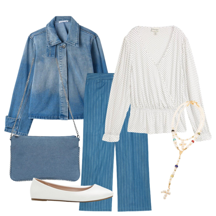 Outfit donna - Settembre. Stile Casual chic per Ufficio. Abbinamento con ballerine, bluse, borse a tracolla, cappotti, jeans, collane.