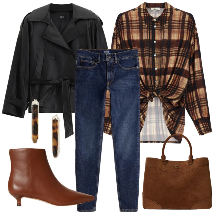 Outfit donna - Jeans Suede e Trench. Stile Urban per Tutti i giorni. Abbinamento con trench, camicie, jeans slim fit, borse a mano, stivaletti, orecchini.