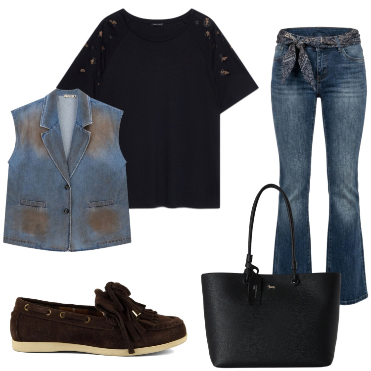 Outfit donna - Elvira. Stile Minimal per Tutti i giorni. Abbinamento con shopping bag, gilet, t-shirt, jeans bootcut, mocassini.
