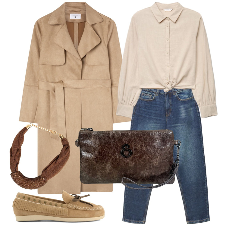 Outfit donna - Settembre. Stile Casual per Tutti i giorni. Abbinamento con trench, camicie, jeans mom, pochette, collane, mocassini.