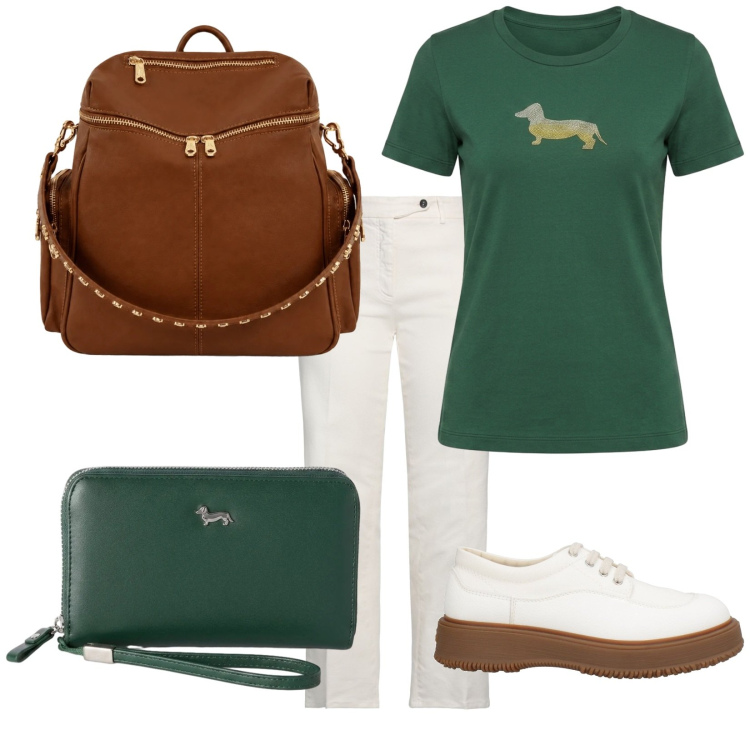 Outfit donna - Verde mi piace. Stile Basic per Tutti i giorni. Abbinamento con scarpe stringate, jeans dritti, portafogli, t-shirt, zaini.