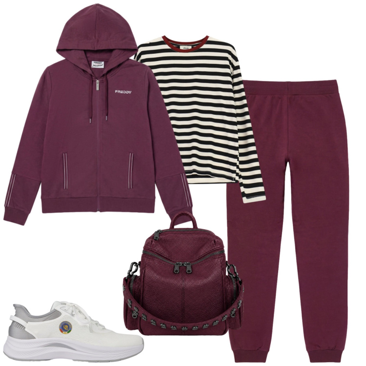 Outfit donna - Freddy. Stile Casual chic per Tutti i giorni. Abbinamento con scarpe sportive, pantaloni, felpe con cappuccio, t-shirt, zaini.