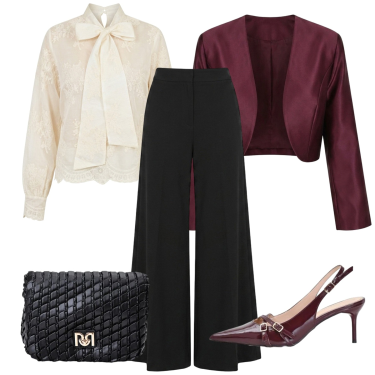 Outfit donna - Appuntamento Elegante. Stile Glamour per Serata fuori. Abbinamento con pantaloni, blazer, bluse, borse a tracolla, décolleté.