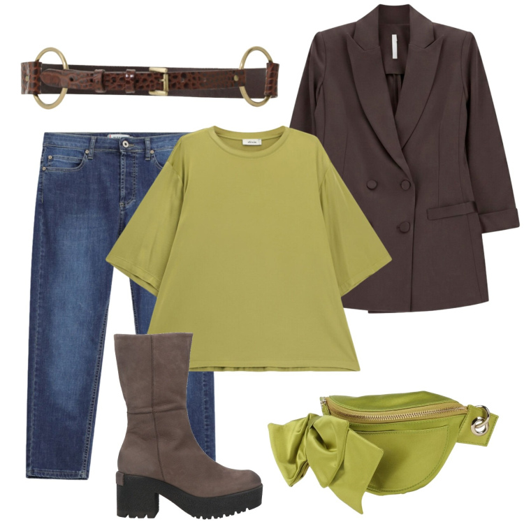 Outfit donna - La cintura con anelli. Stile Trendy per Tutti i giorni. Abbinamento con marsupi, stivaletti, blazer, t-shirt, cinture, jeans dritti.