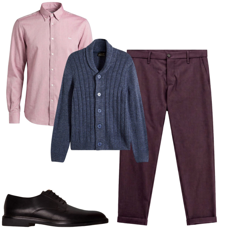 Outfit uomo - Fall. Stile Urban per Tutti i giorni. Abbinamento con cardigans, camicie, pantaloni, scarpe stringate.
