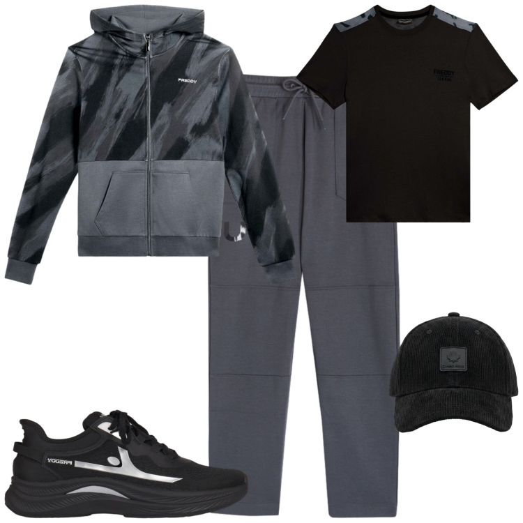 Outfit uomo - Freddy. Stile Casual per Sport. Abbinamento con t-shirt, felpe con cappuccio, pantaloni, sneakers, cappelli con visiera.