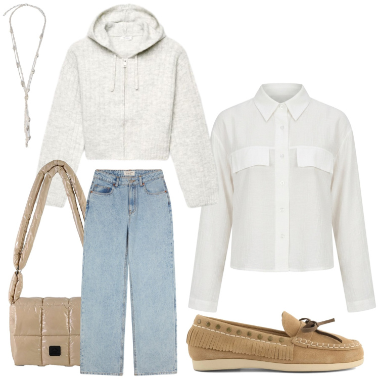 Outfit donna - Denise. Stile Glamour per Tutti i giorni. Abbinamento con cardigans, jeans, camicie, borse a spalla, collane, mocassini.