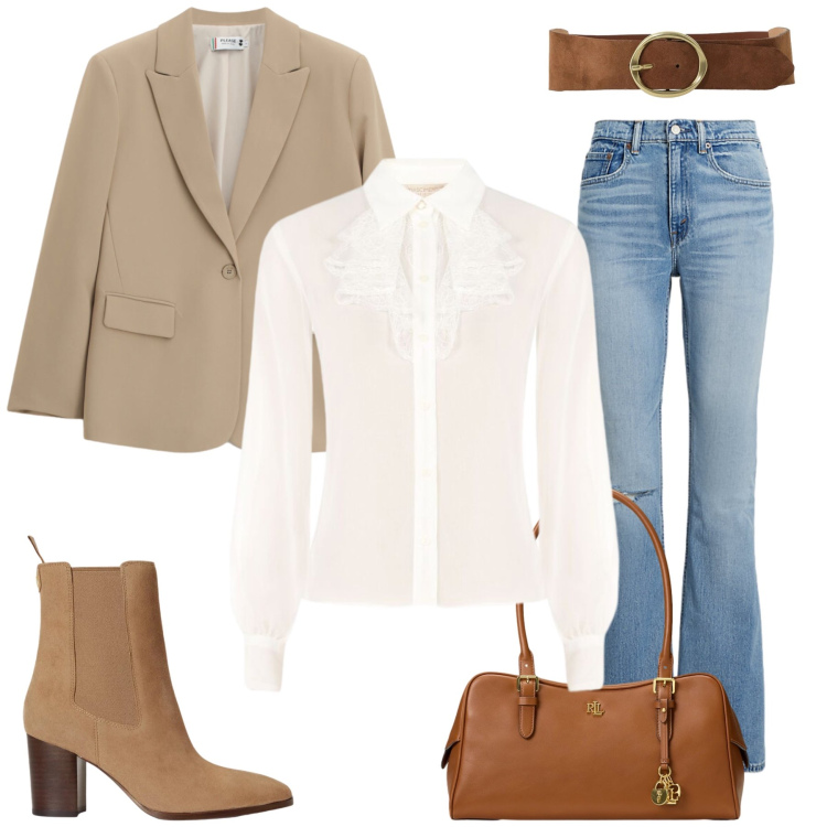 Outfit donna - Deborah. Stile Casual chic per Tutti i giorni. Abbinamento con cinture, camicie, blazer, jeans, borse a mano, stivaletti.