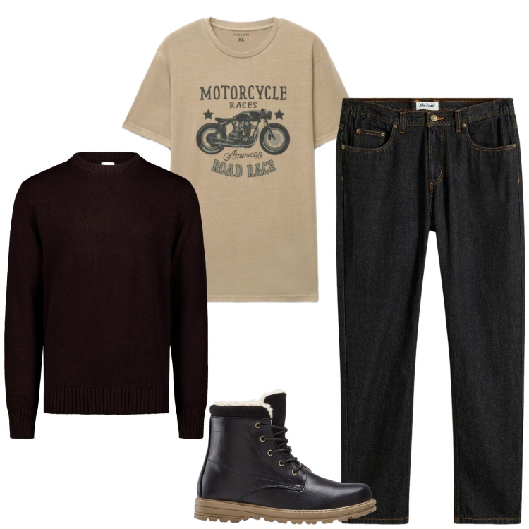 Outfit uomo - Total look #2472504. Stile Urban per Tutti i giorni. Abbinamento con jeans dritti, stivali e stivaletti, maglieria, t-shirt.