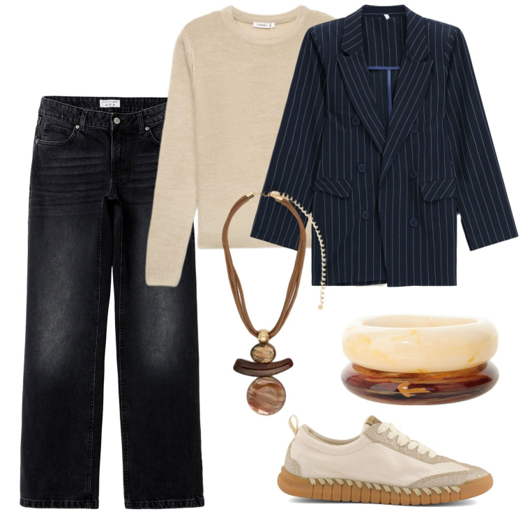 Outfit donna - Jeans e balzer. Stile Urban per Tutti i giorni. Abbinamento con blazer, braccialetti, jeans, maglieria, ciondoli, sneakers.
