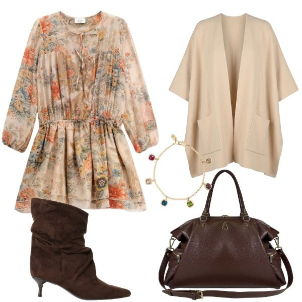 Outfit donna - Total look #2472517. Stile Glamour per Serata fuori. Abbinamento con stivali, vestiti corti, borse a spalla, cappe, braccialetti.