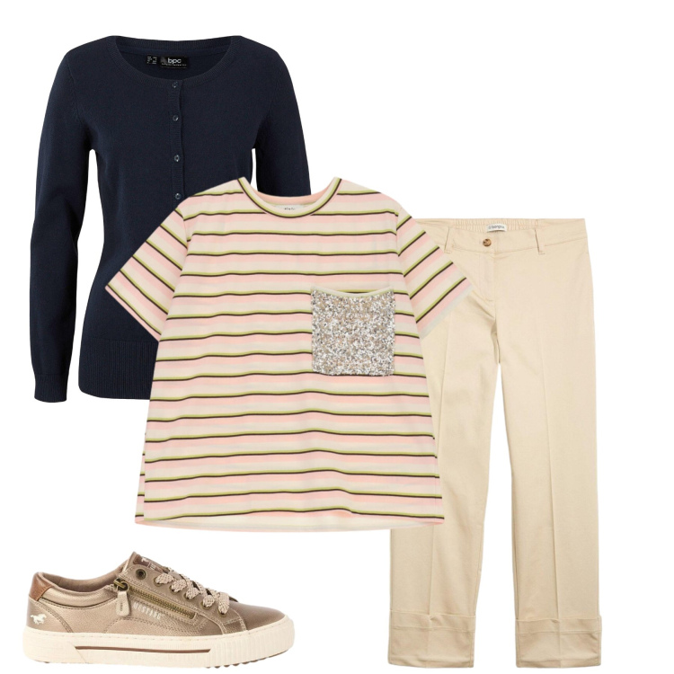 Outfit donna - Francesca. Stile Casual chic per Tutti i giorni. Abbinamento con pantaloni chino, cardigans, sneakers, t-shirt.